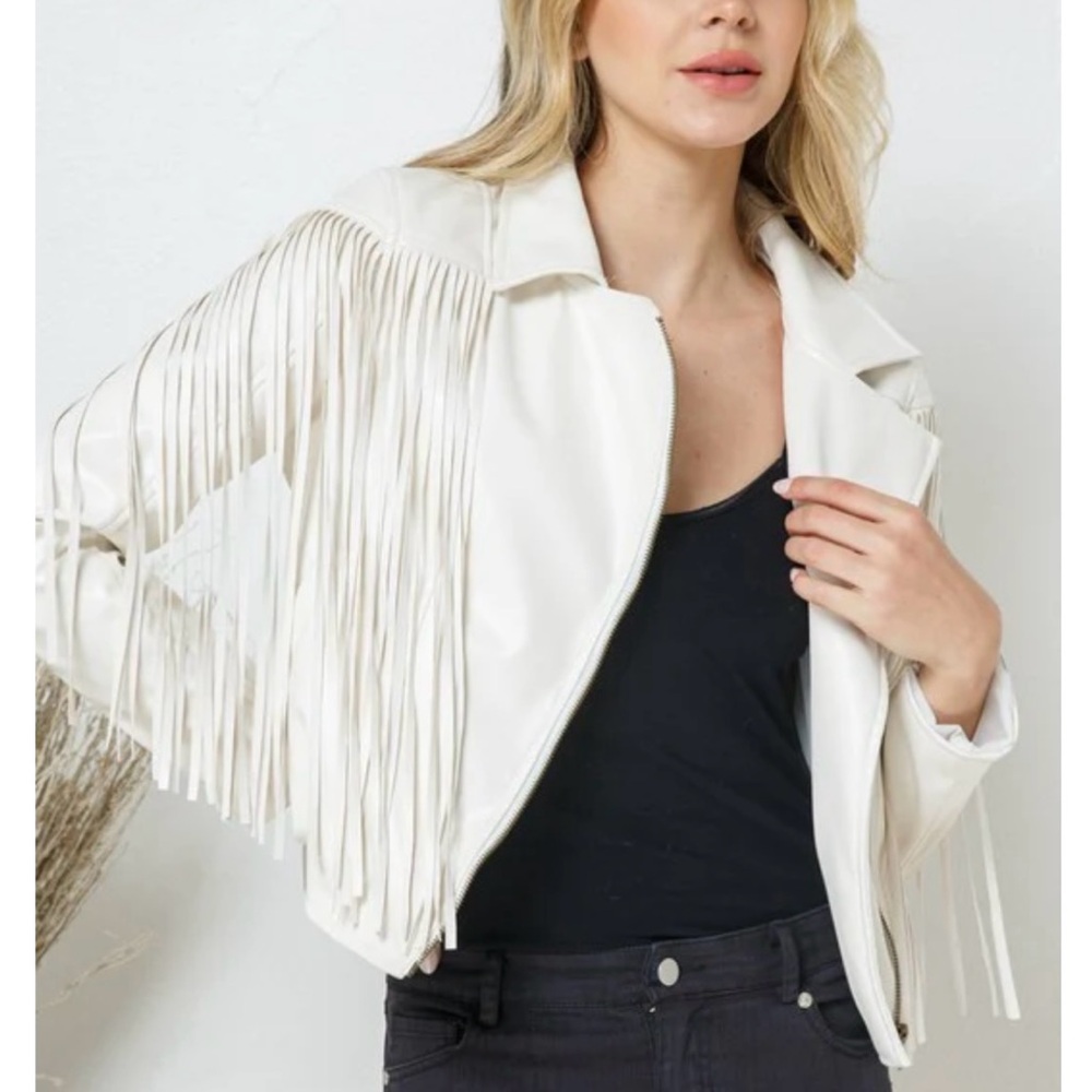 Blue B Collection Moto Fringe Jacket Faux Leather. Size S.